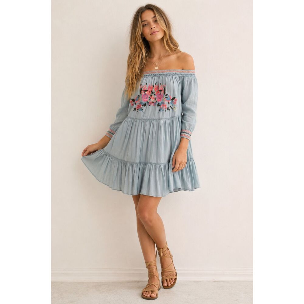 Free People Sunbeams XS Embroidered Off the Shoulder Mini Dress Women Blue H3